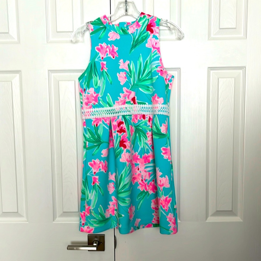 Lilly Pulitzer Kids Dress in Aqua and Pink Floral Aqua Al Fresco Print XL